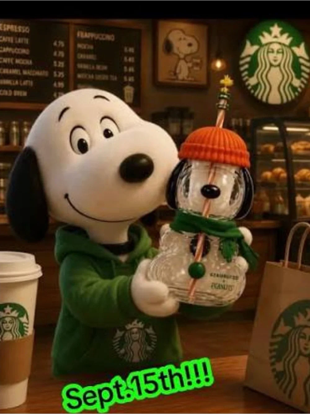 Starbucks Peanuts Snoopy Glass Snowman Tumbler - Green & Orange